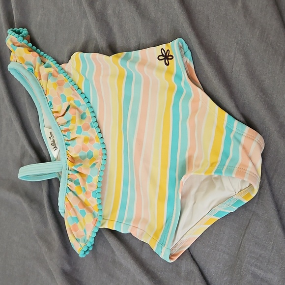Size 2 Matilda Jane Aqua and Yellow Striped Kids Swim One Piece - Picture 3 of 4